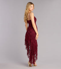 RSVP Ready Lace Asymmetric Ruffle Midi Dress