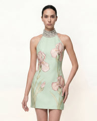 Jeweled Halter Iris Motif Dress - Light Green/Pink
