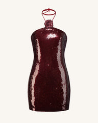 Burgundy Sequinned Halter Mini Dress - Burgundy