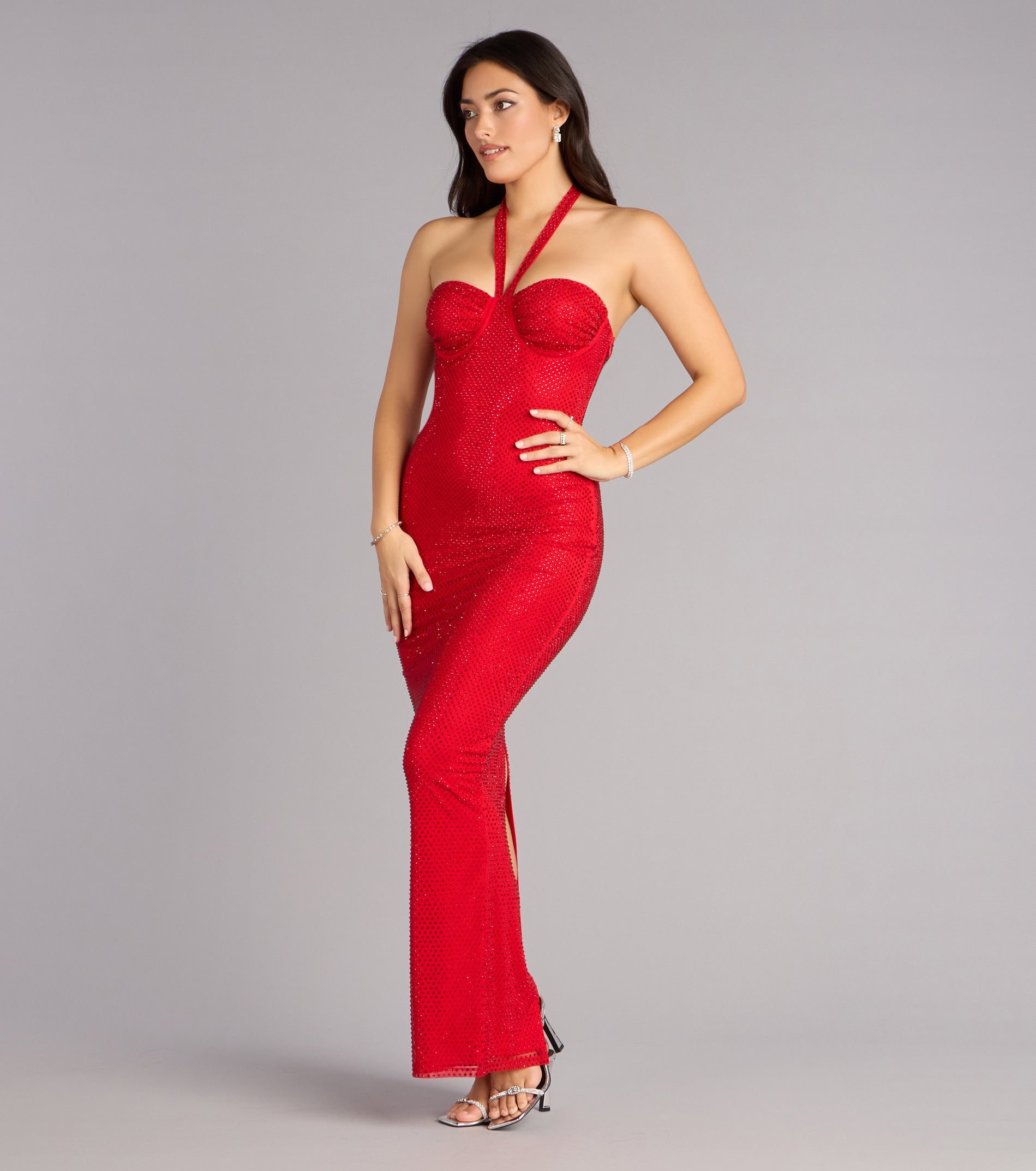 Mackinley Rhinestone Lace-Up Column Formal Dress