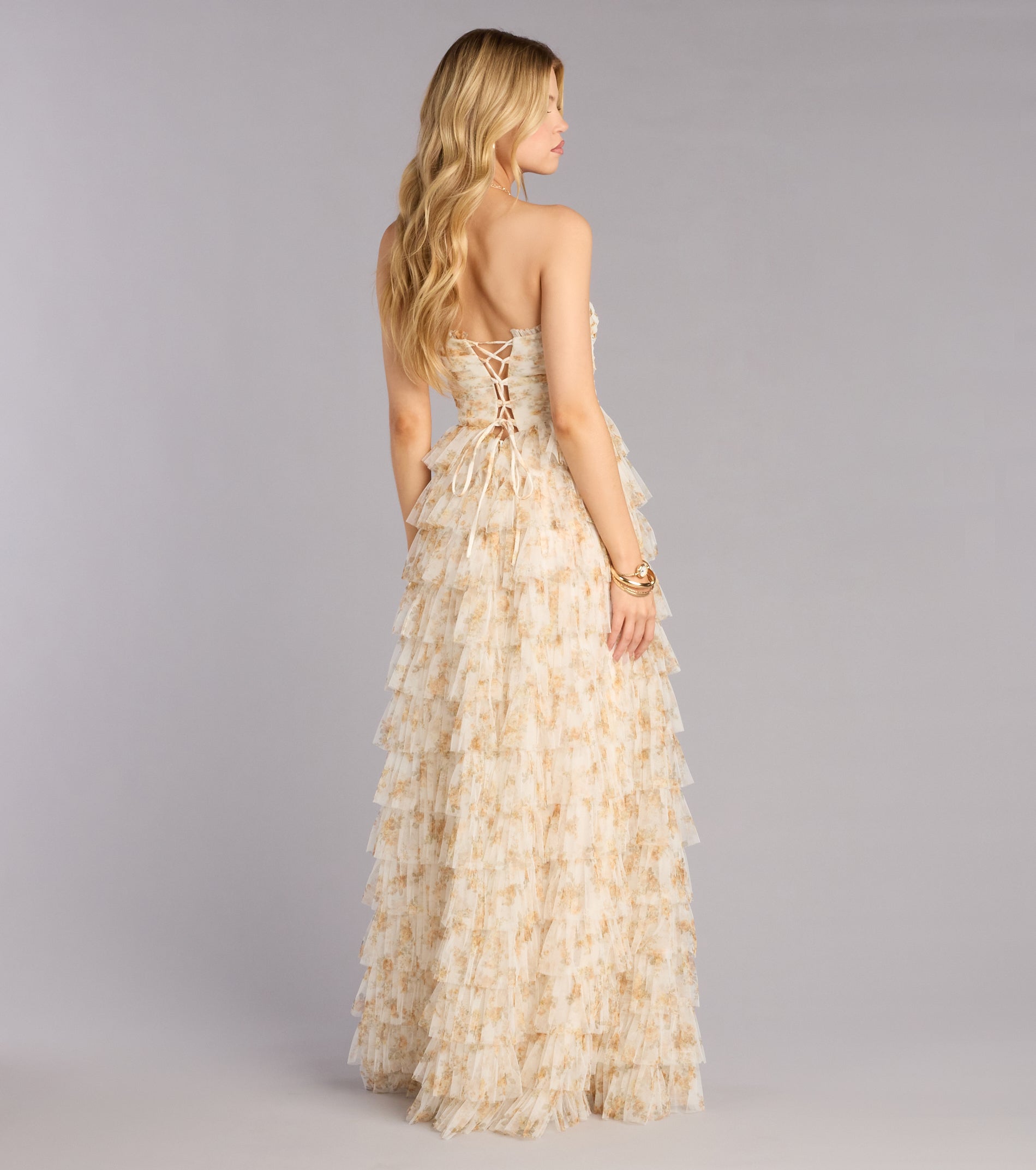 Milena Floral Mesh Ruffle A-Line Gown