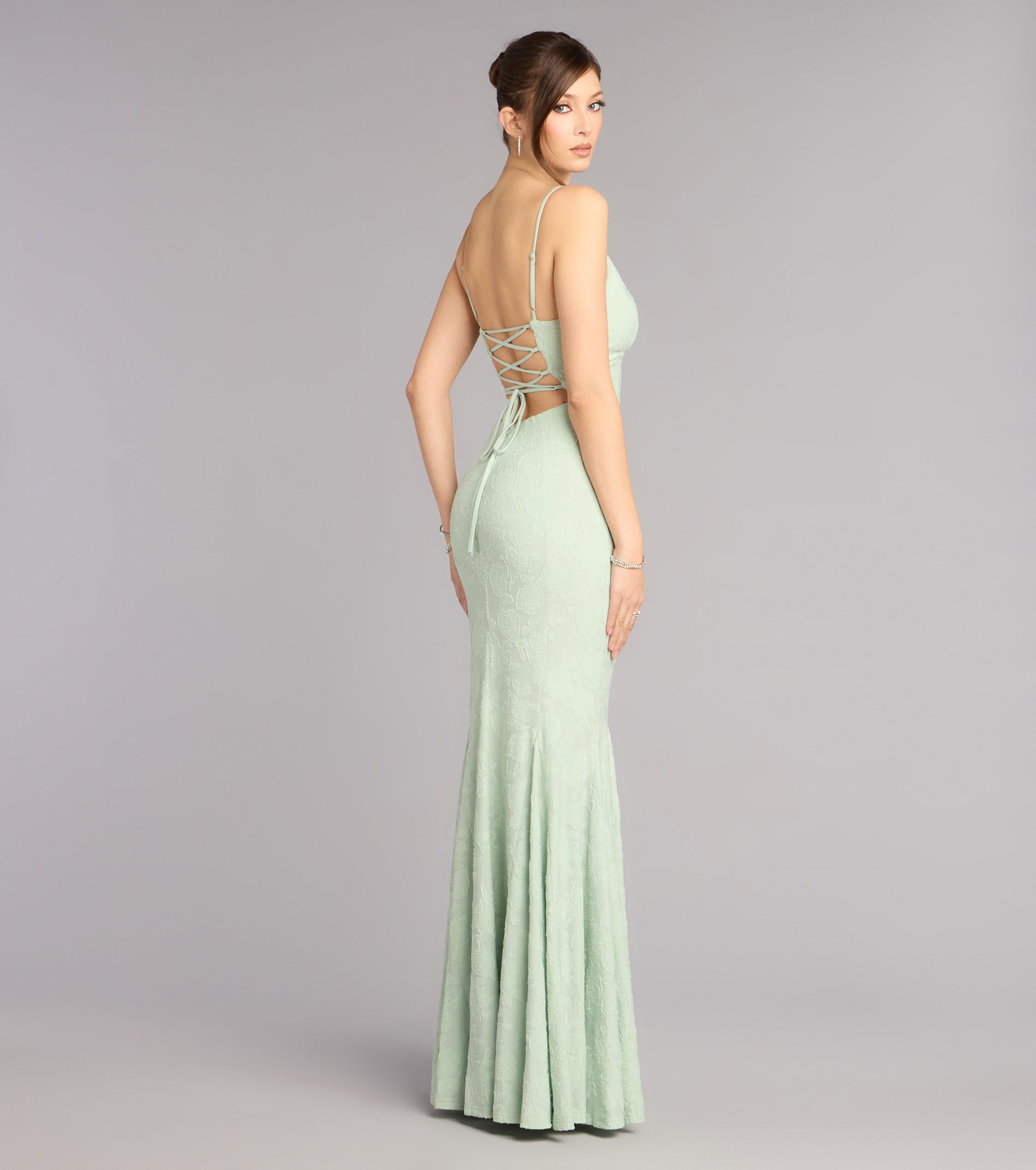 Payton Floral Jacquard Lace-Up Mermaid Dress