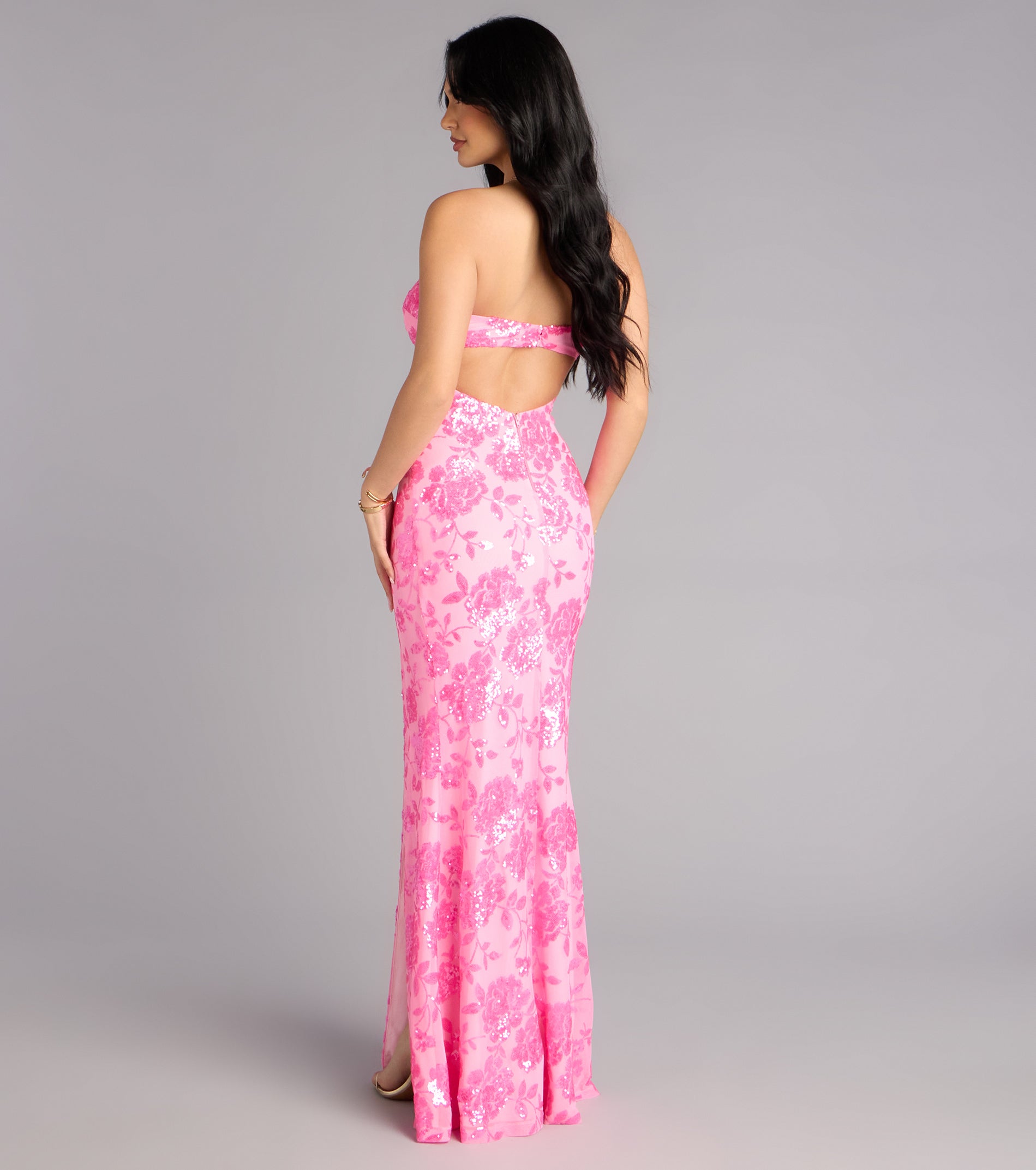 Isabel Sequin Floral Strapless Formal Dress