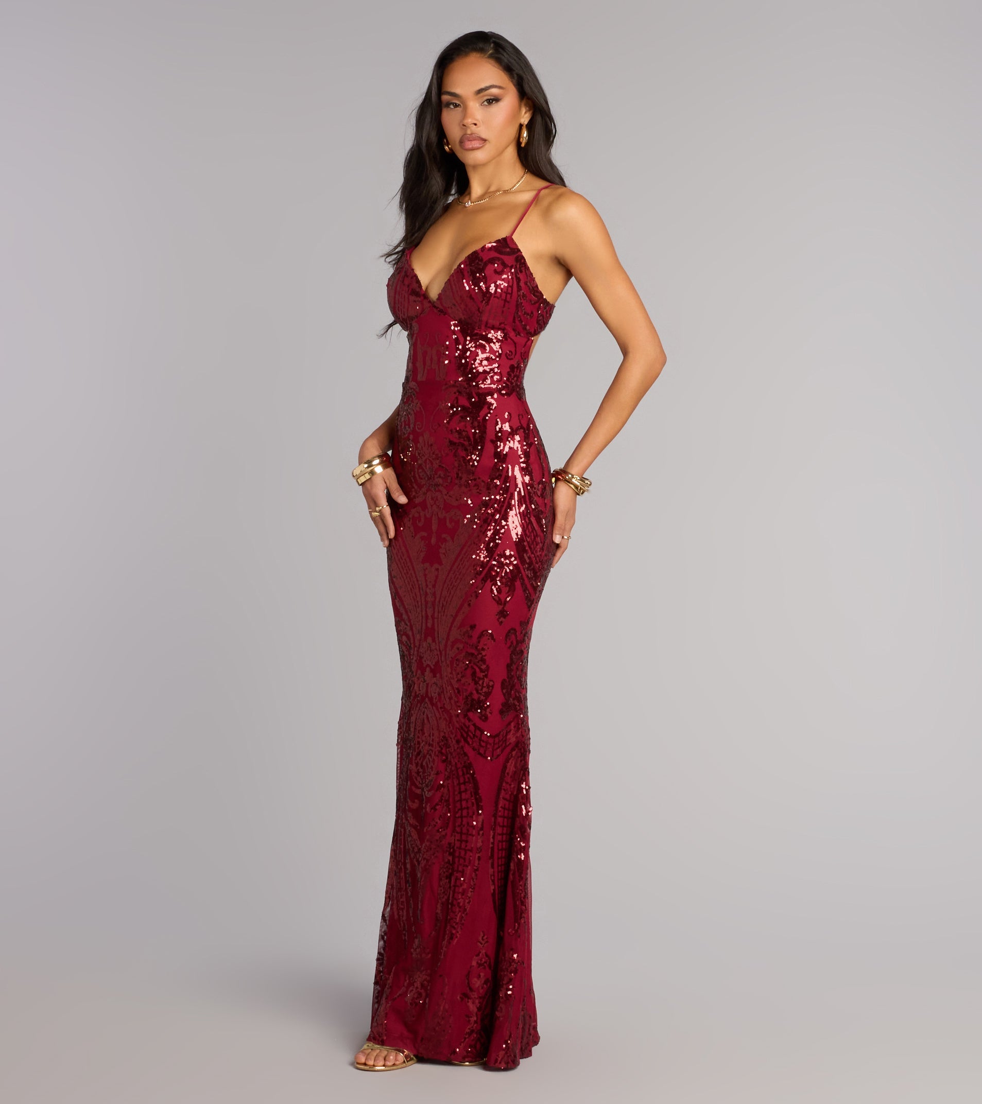 Ray Sequin Tie-Back Formal Dress