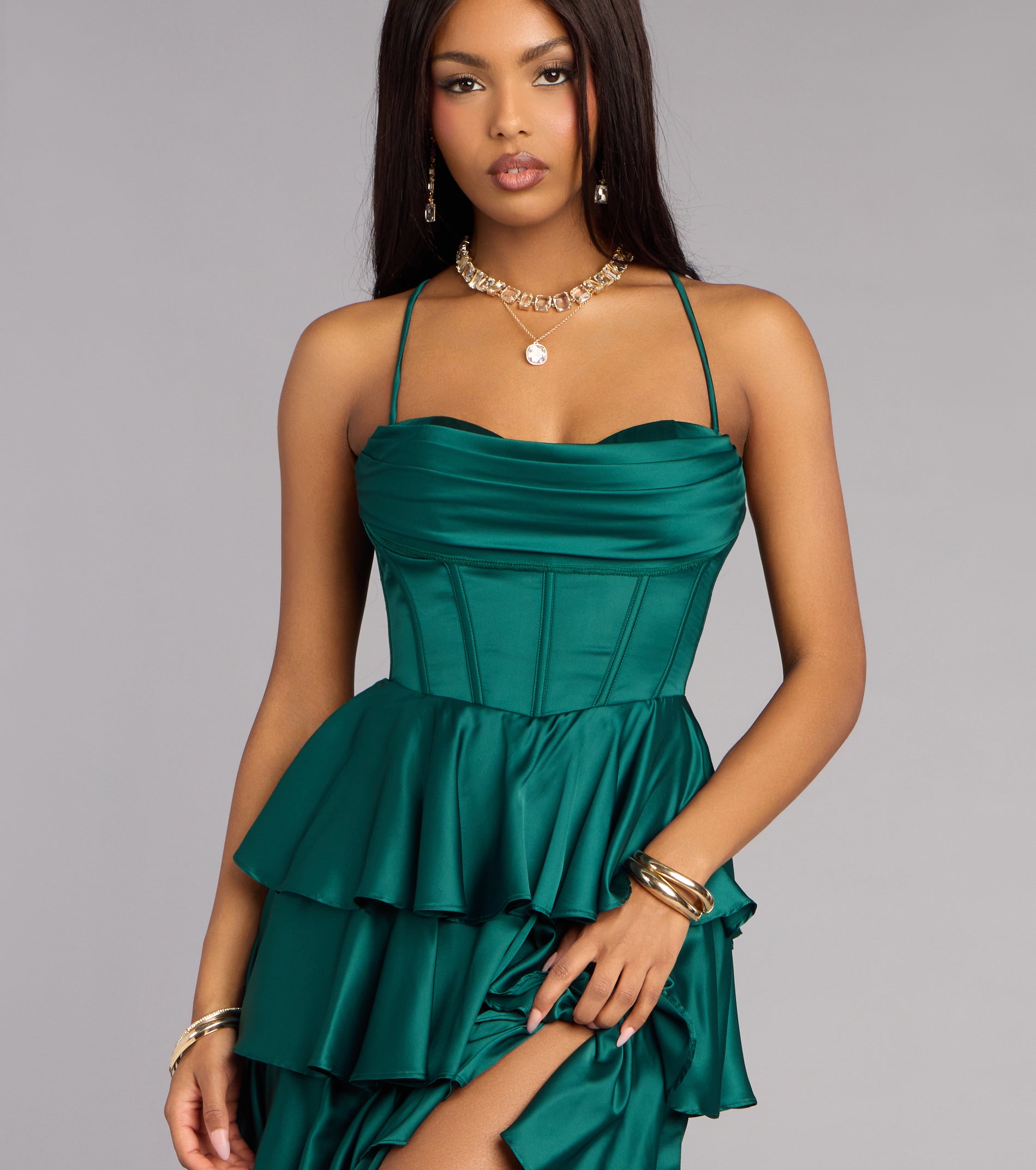 Rose Satin Ruffle A-Line Formal Dress