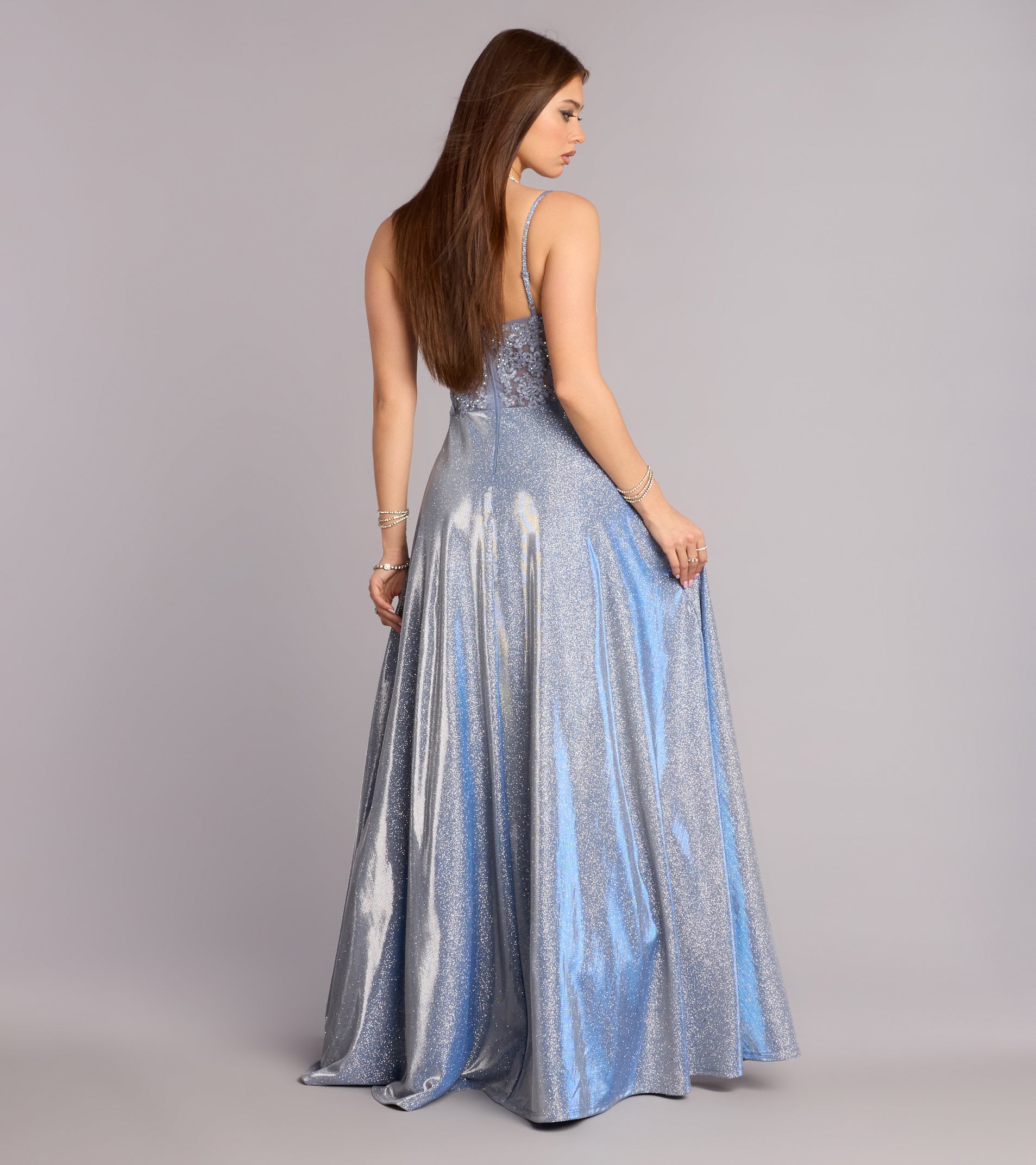 Skyler Floral Applique Glitter A-Line Gown