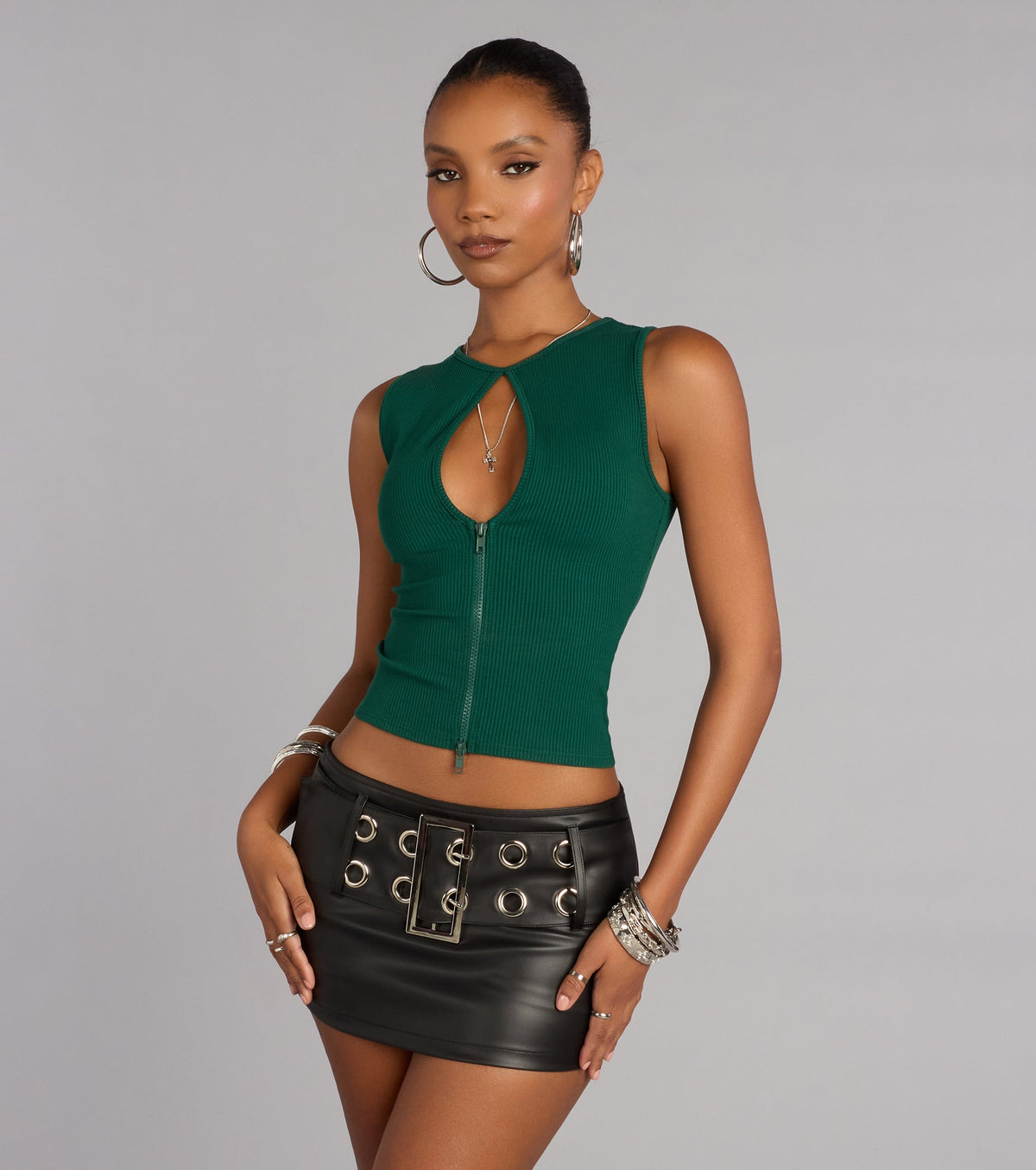 Edgy Everyday Ribbed Knit Zip-Front Top