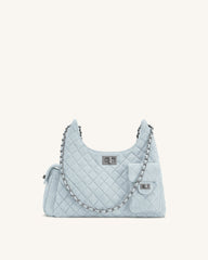 Vivian Faux Suede Quilted Shoulder Bag - Light Blue