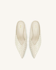 Helena Woven Textured Pointed Toe Mules - Beige