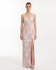 Floral Lace Slit Maxi Dress - Pink White