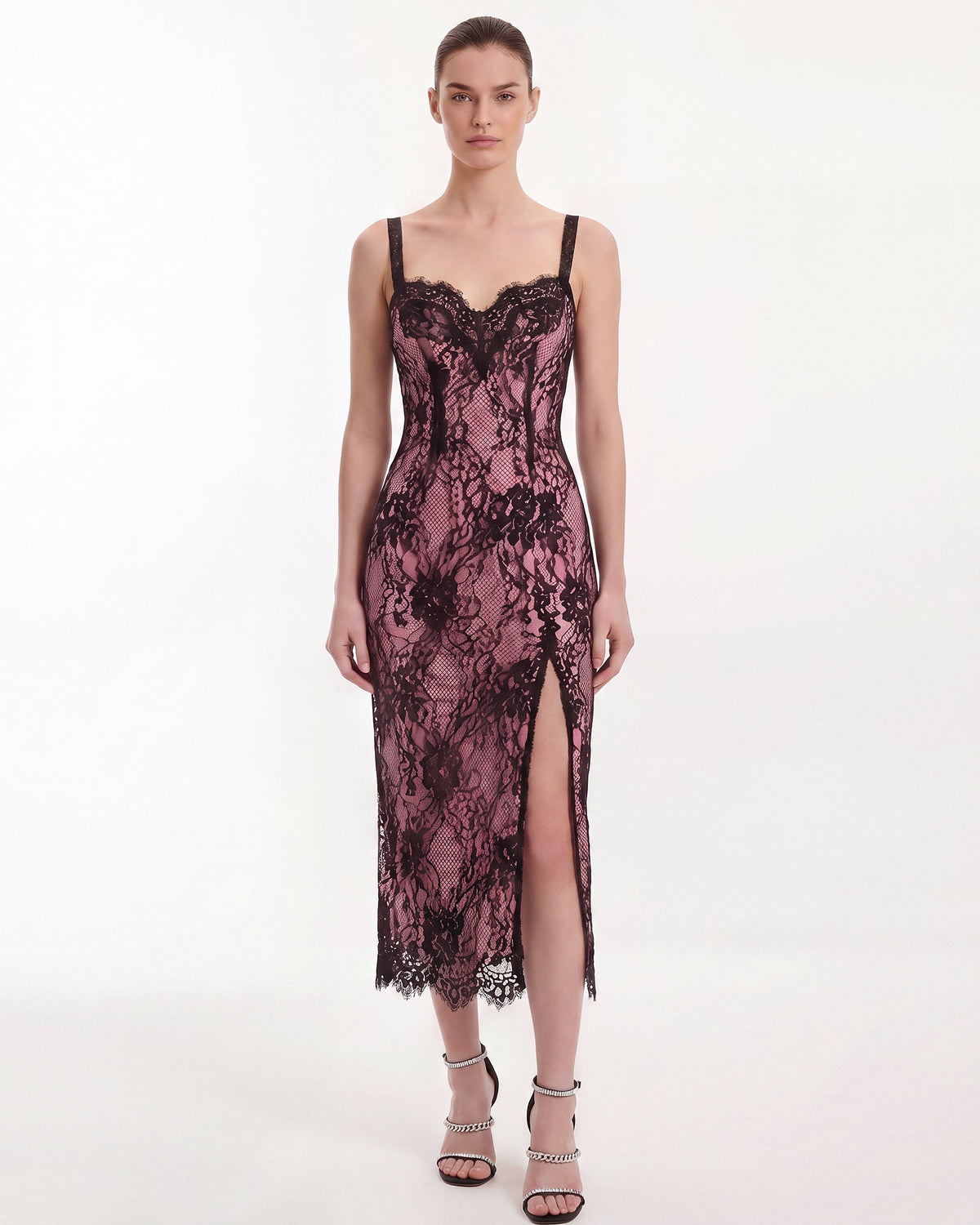 Lace Trim Slit Midi Dress - Pink Black