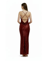 Araminta Sequined Gown with Floral Details - Red/Pink