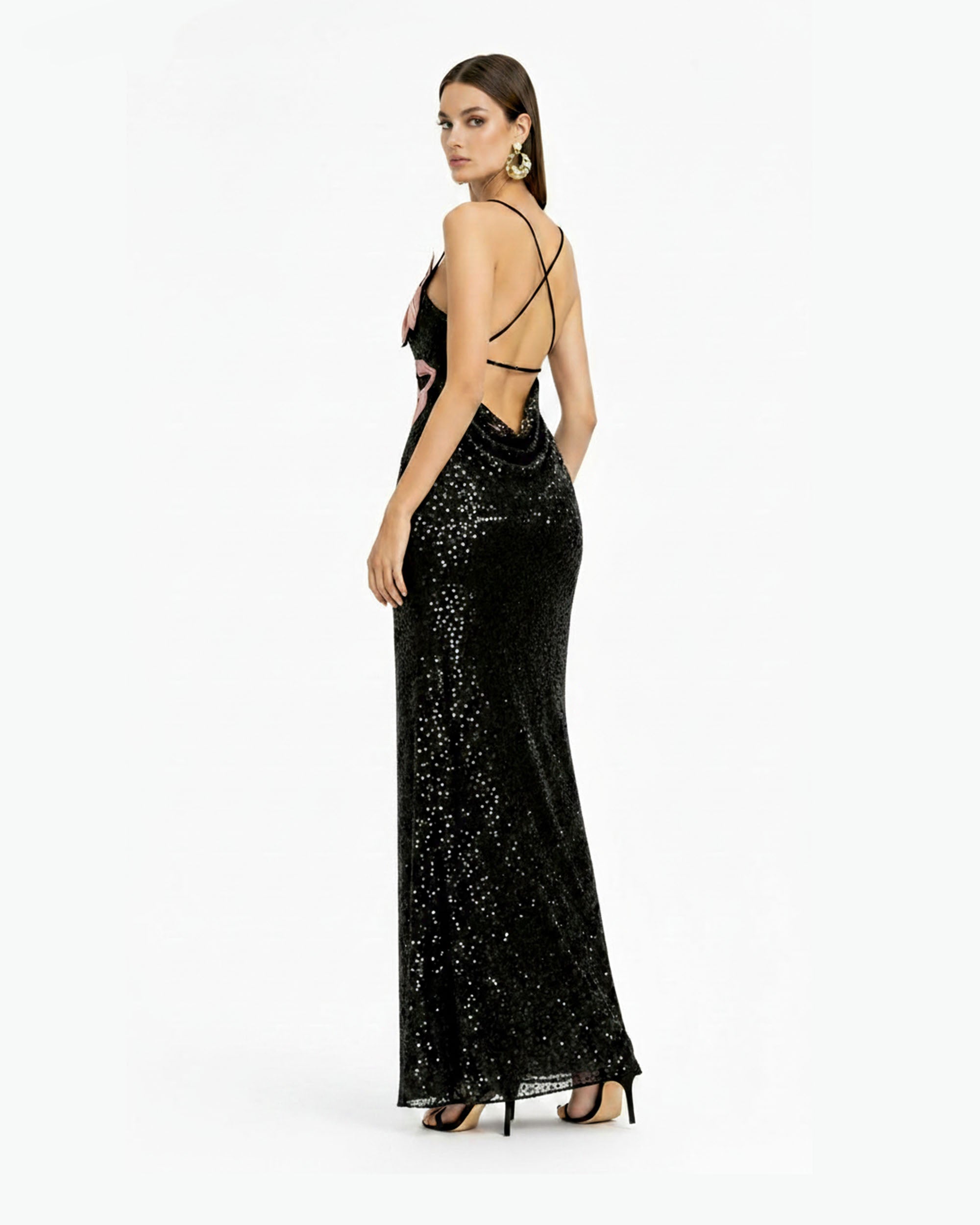 Araminta Sequined Gown with Floral Details - Black/Pink