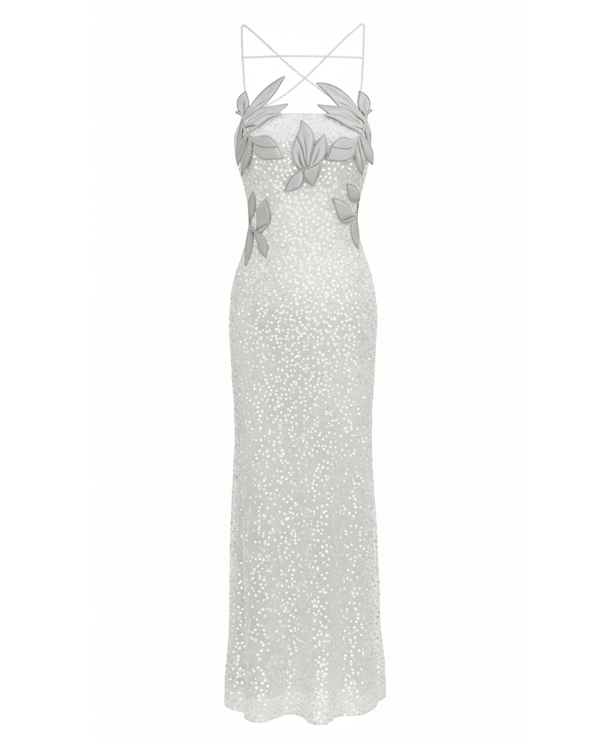 Araminta Sequined Gown with Floral Details - White/Silver