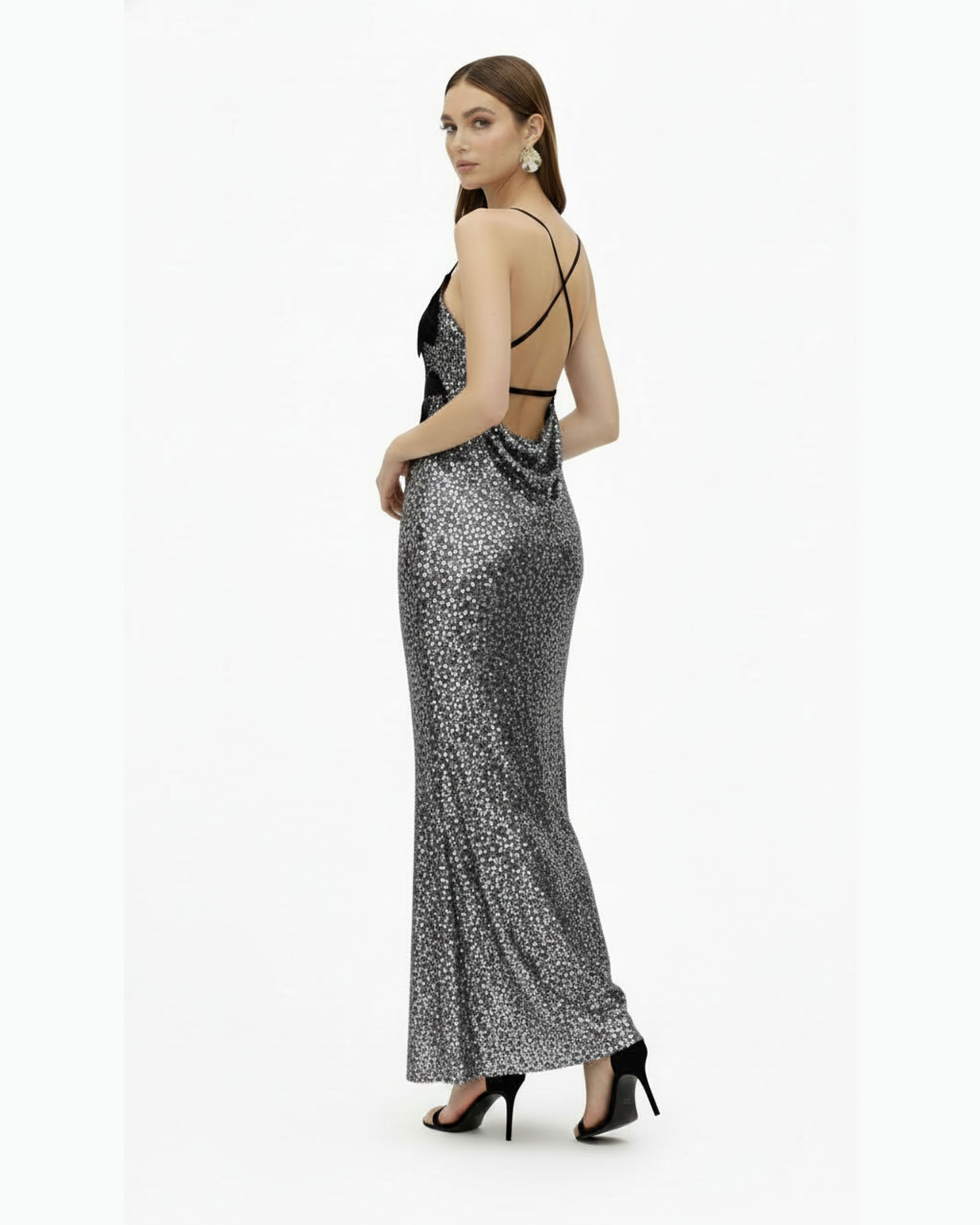 Araminta Sequined Gown with Floral Details - Silver/Black