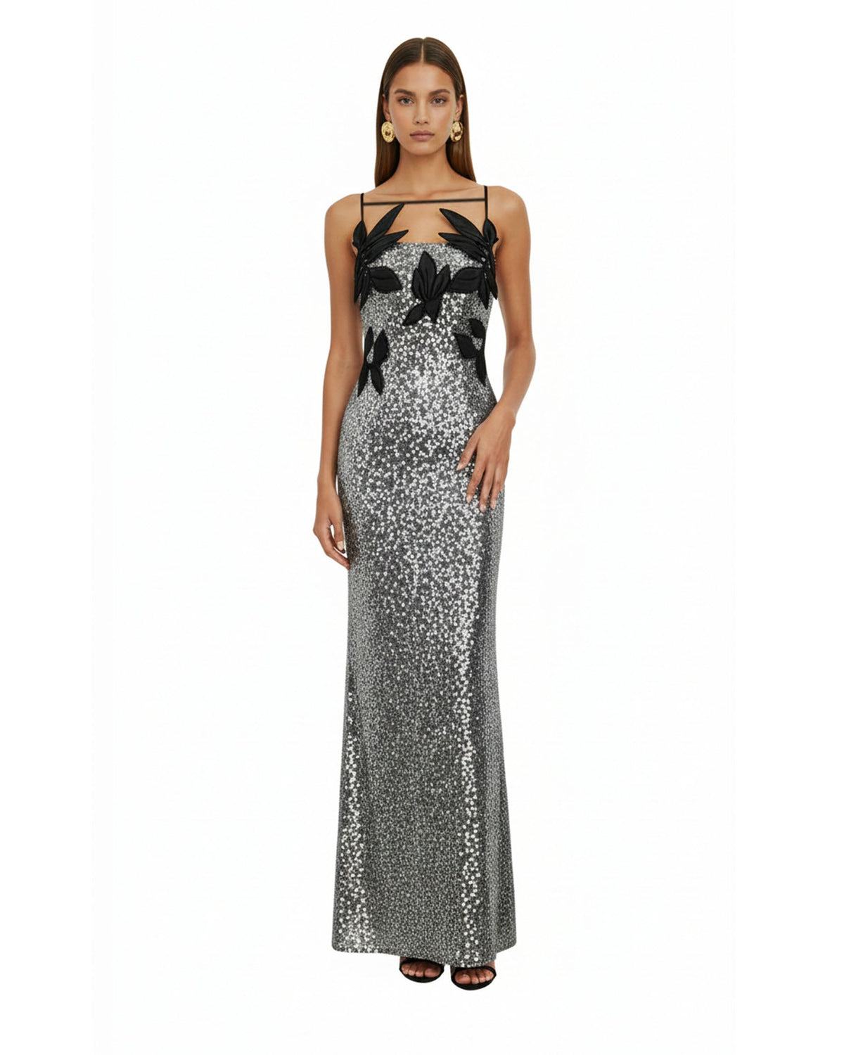 Araminta Sequined Gown with Floral Details - Silver/Black
