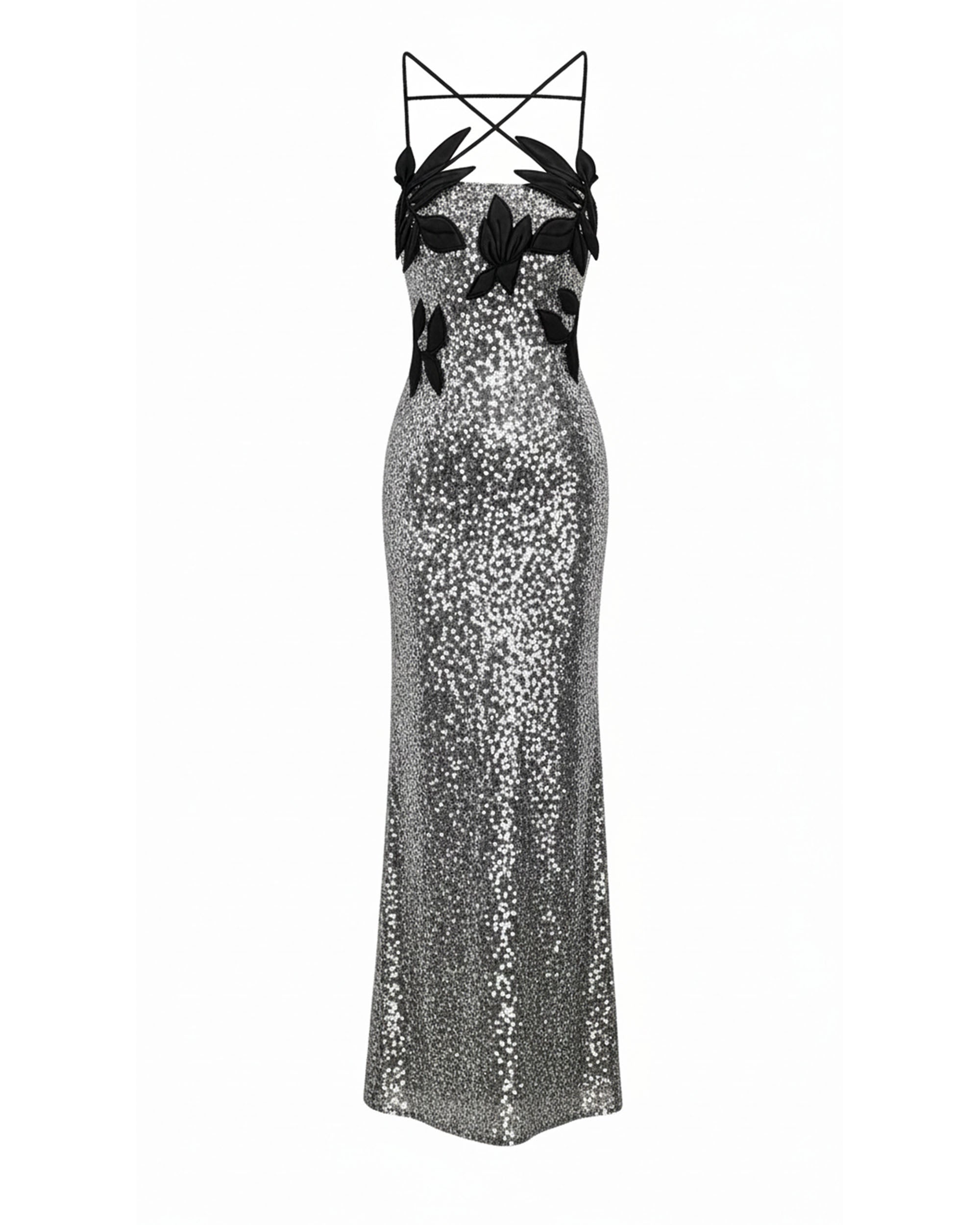 Araminta Sequined Gown with Floral Details - Silver/Black