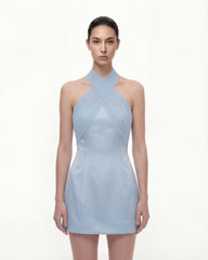Satin Mini Dress with Tulle Cross-Halter - Blue