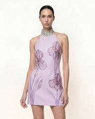 Jeweled Halter Iris Motif Dress - Purple