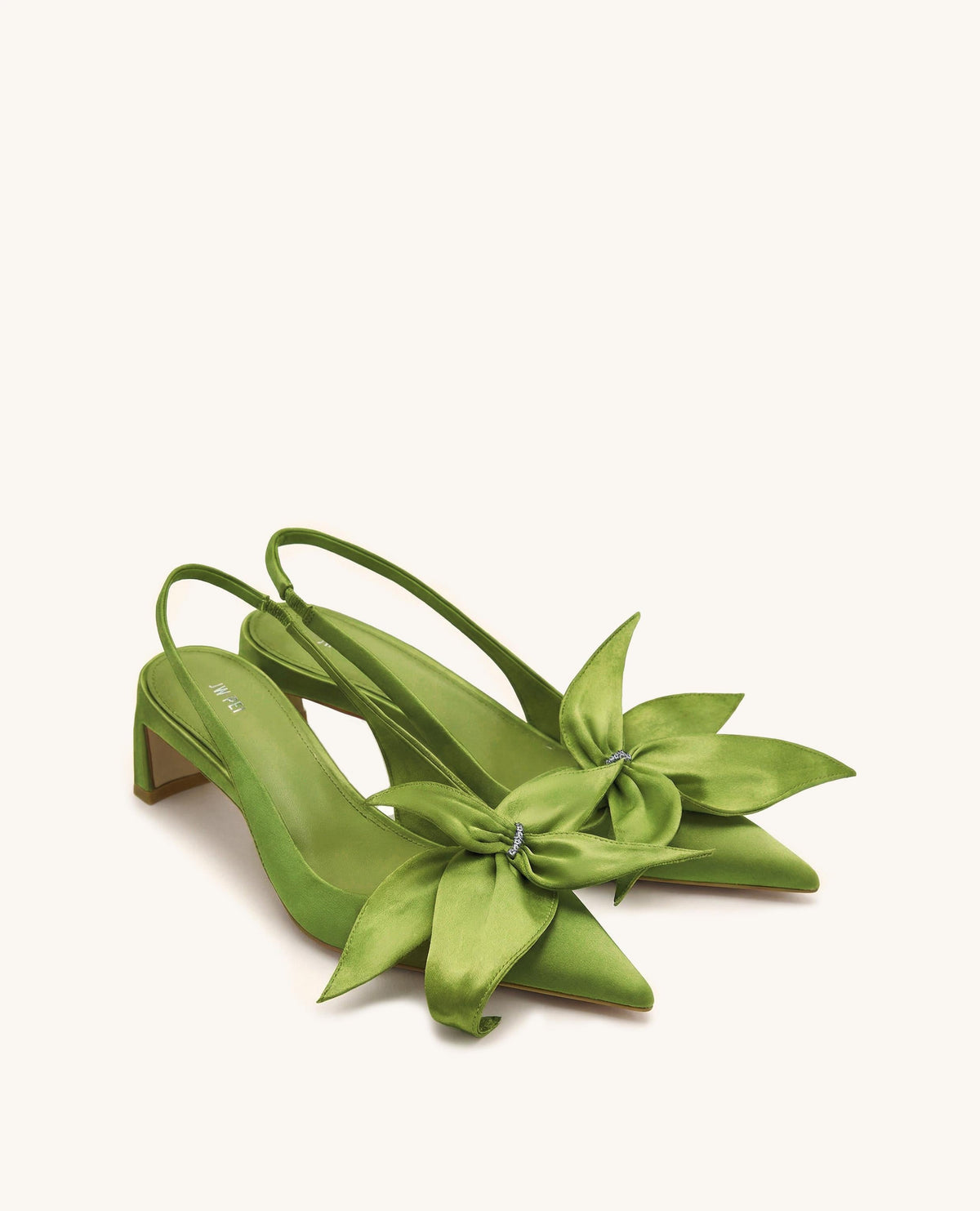 Queena Floral Appliques Slingback Pumps - Olive Green