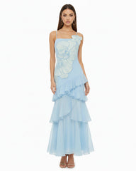 Orchid Embroidered Ruffled One-Shoulder Maxi Dress - Light Blue