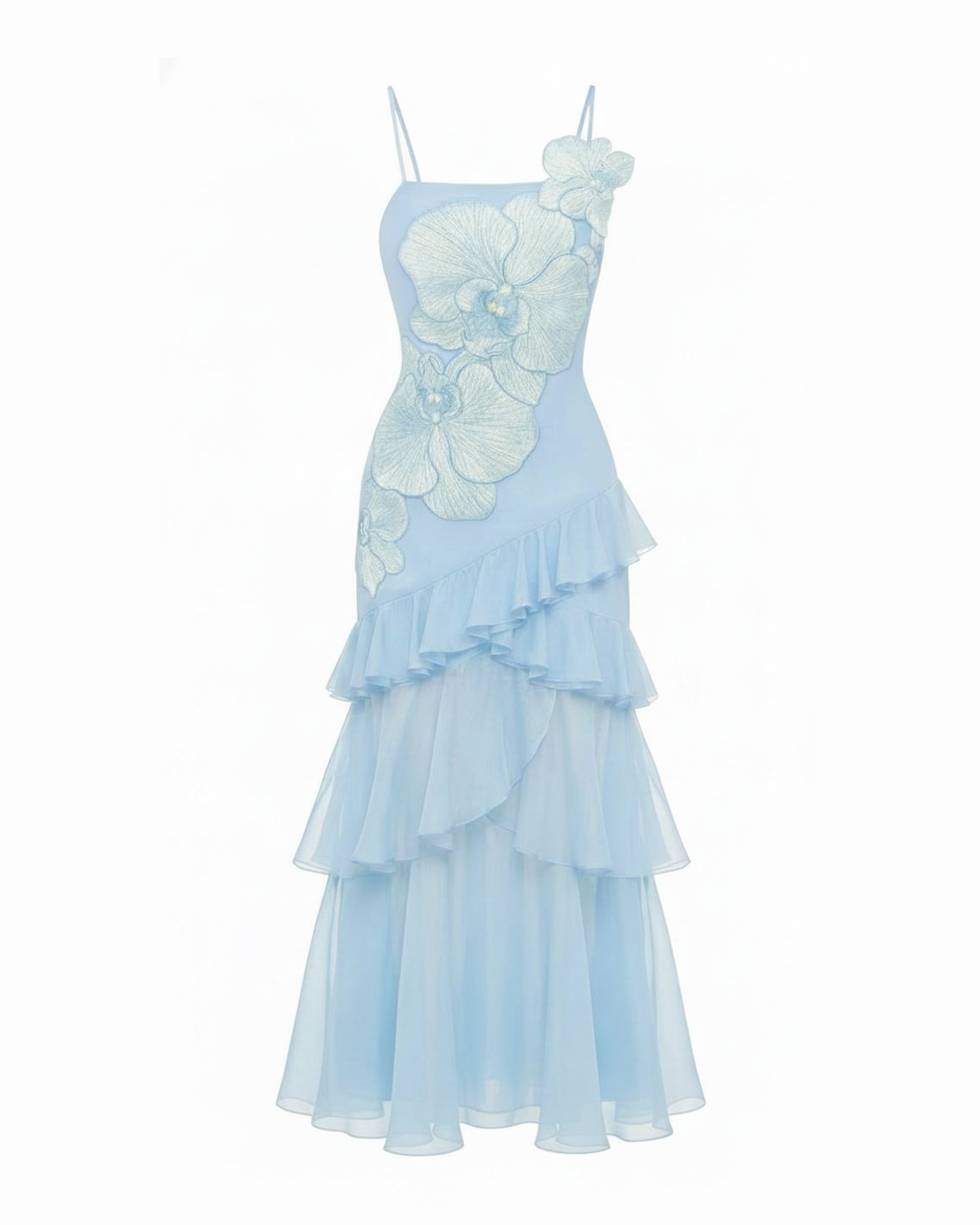 Orchid Embroidered Ruffled One-Shoulder Maxi Dress - Light Blue