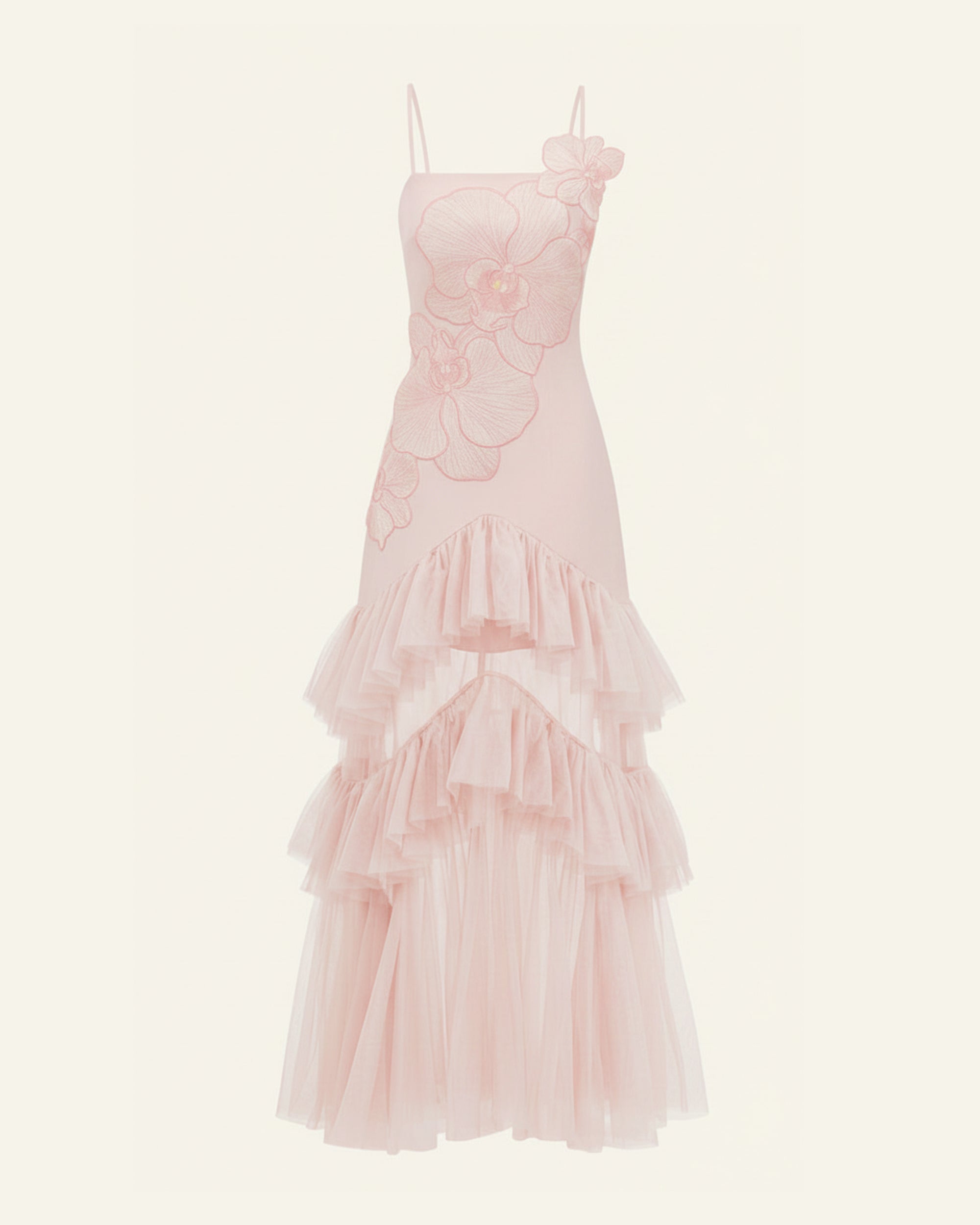 Orchid Embroidered Ruffled Tulle Strapless Maxi Dress - Blush Pink