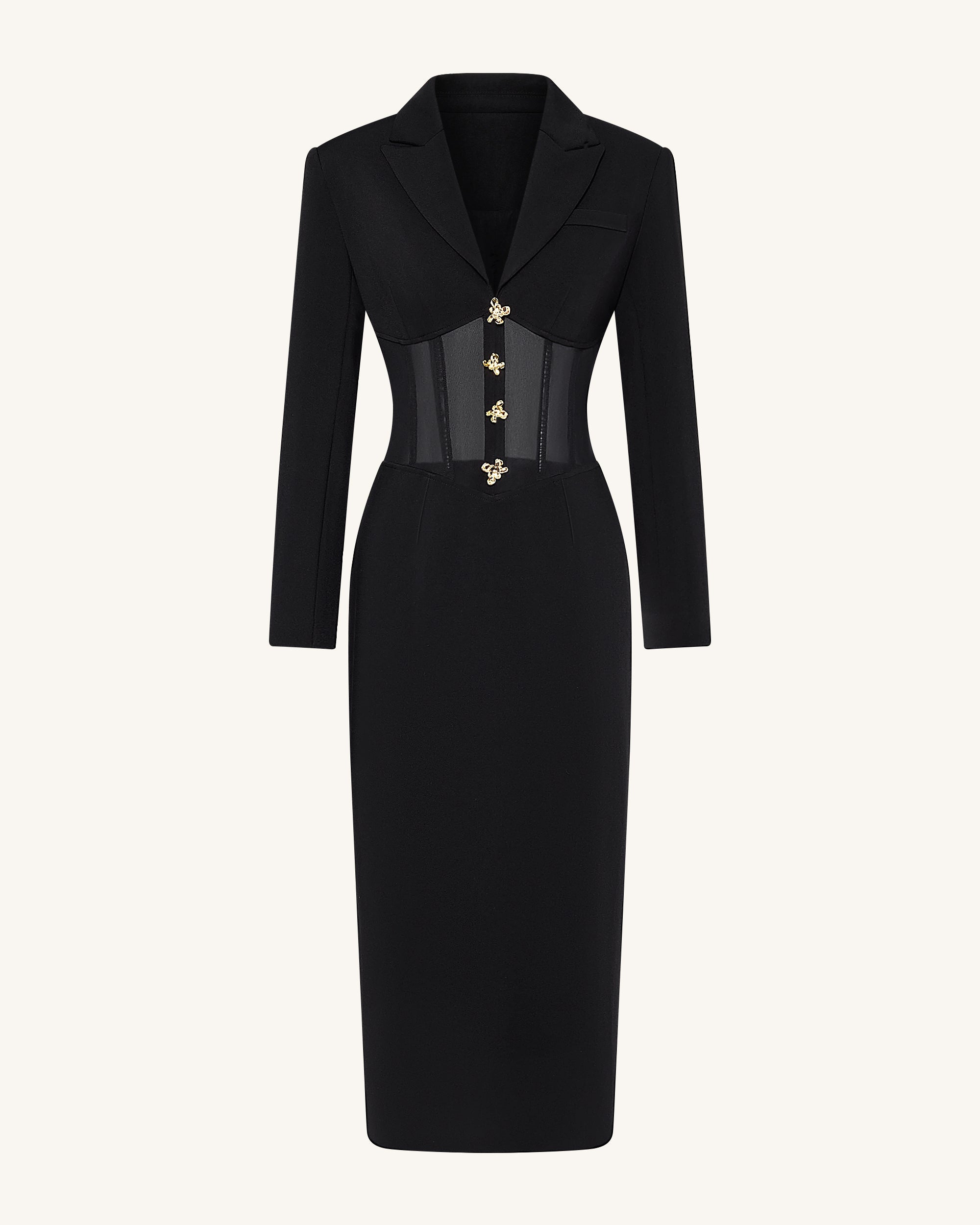 Sheer Boned Corset Waist Blazer Maxi Dress - Black