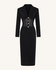 Sheer Boned Corset Waist Blazer Maxi Dress - Black