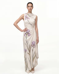 Asymmetric Floral Print Maxi Dress - Ivory Purple