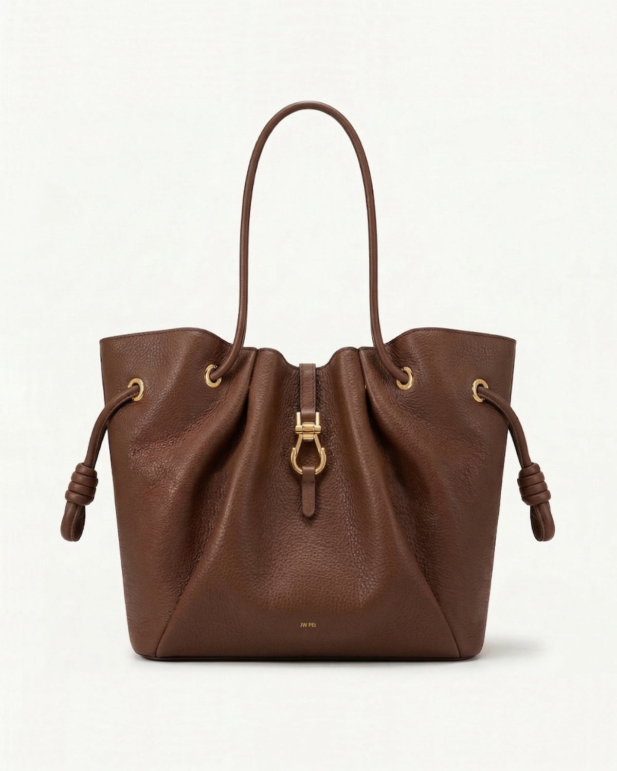 Harper Pebbled Drawstring Shoulder Tote Bag - Brown